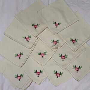 Set of 12 Vintage Linen Cotton Floral Embroidered Cloth Dinner Napkins